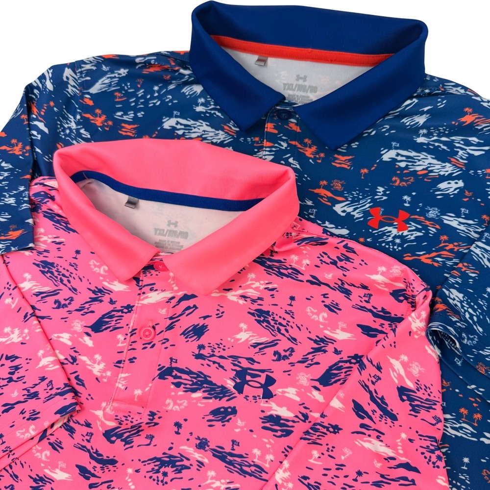 Under Armour Boys Youth XL Lot of 2 Performance Polo Shirt Pink Navy Tropical
